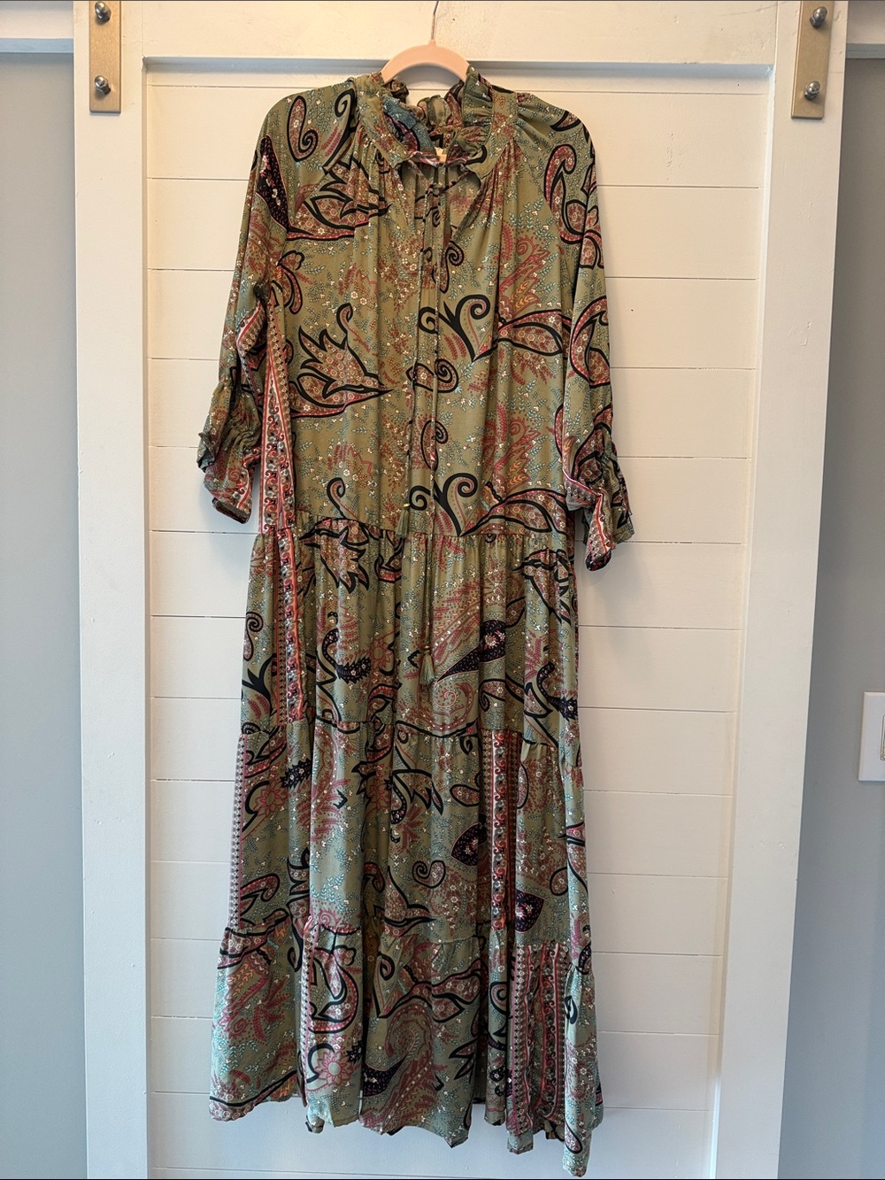 Olive Green Paisley Ruffle-Neck Maxi Dress